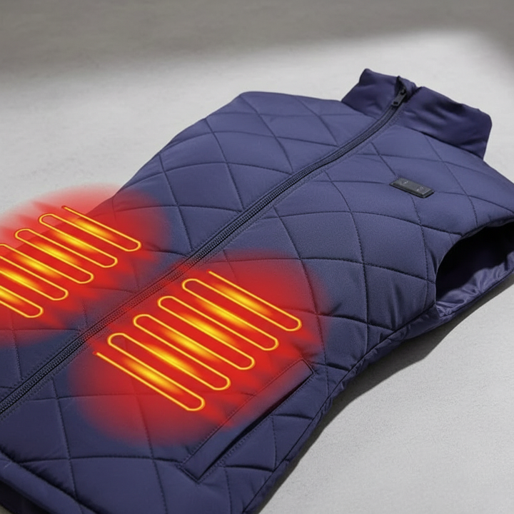 Close-up of a women's electric thermal gilet, showing fabric texture and warming zones