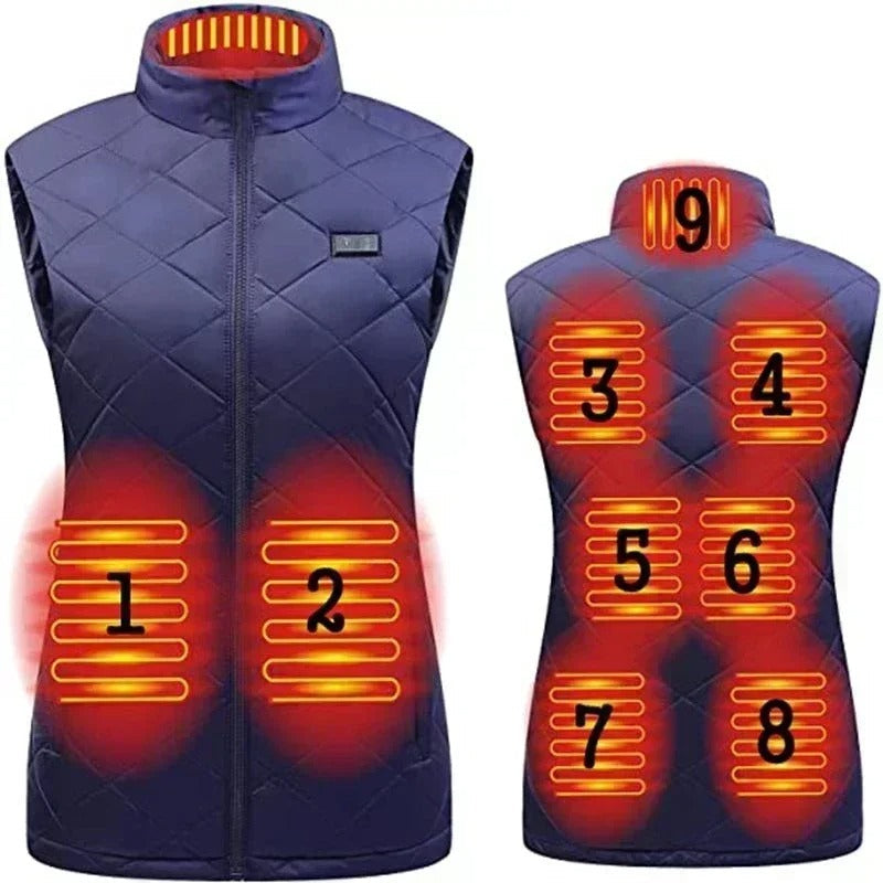 Female model wearing an amber heated gilet, 9 warming zones, suitable for outdoor vest