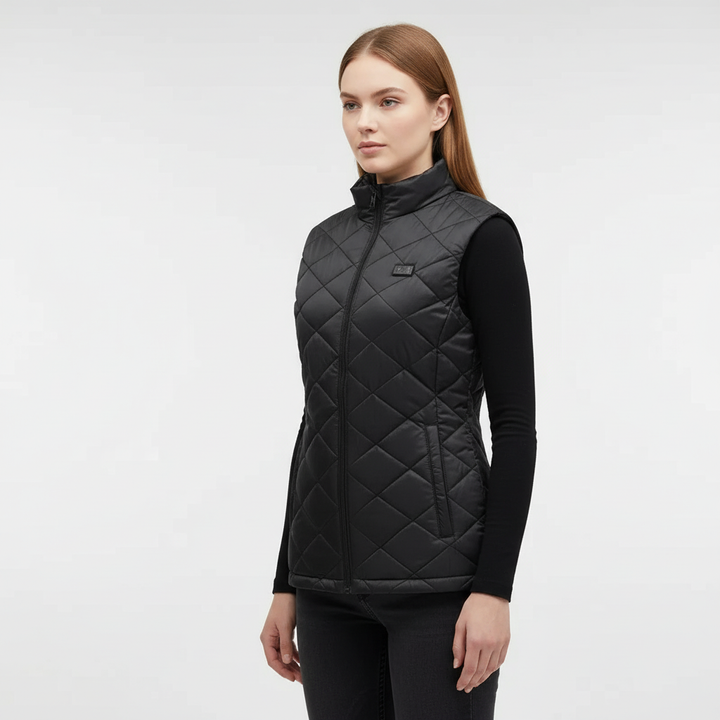 Stylish women's warm vest in amber, 9 integrated heating zones for ultimate warmth