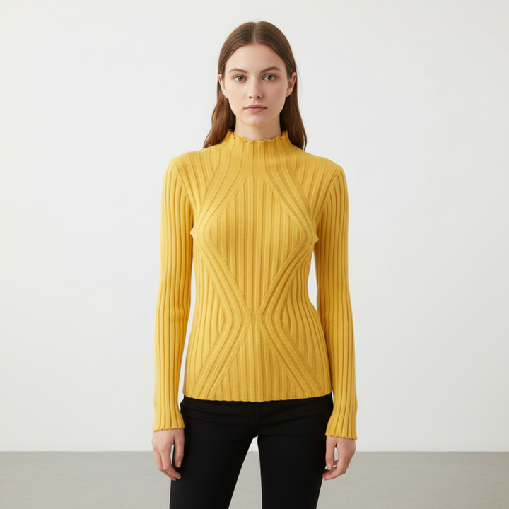Close-up of the knitted texture on a women's high collar long sleeve jumper
