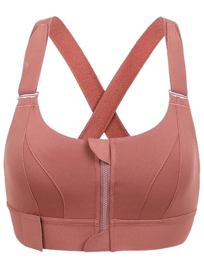 Woman running in an adjustable, high support women's sports bra. Essential workout gear & activewear.