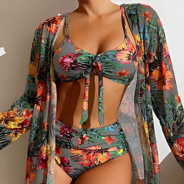 Women's high-waist 3-piece floral print bikini set with cover-up, perfect for beachwear.