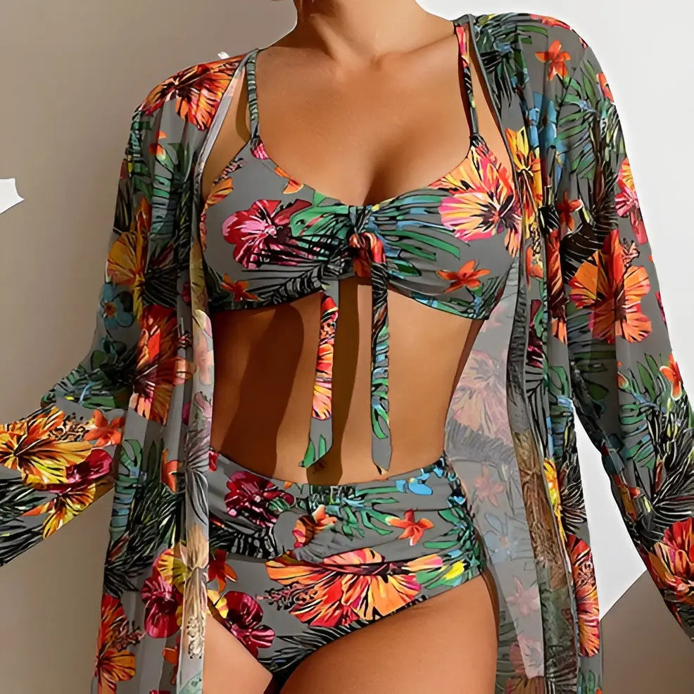 Yara three-piece high-waisted floral print bikini set for women with included cover-up.
