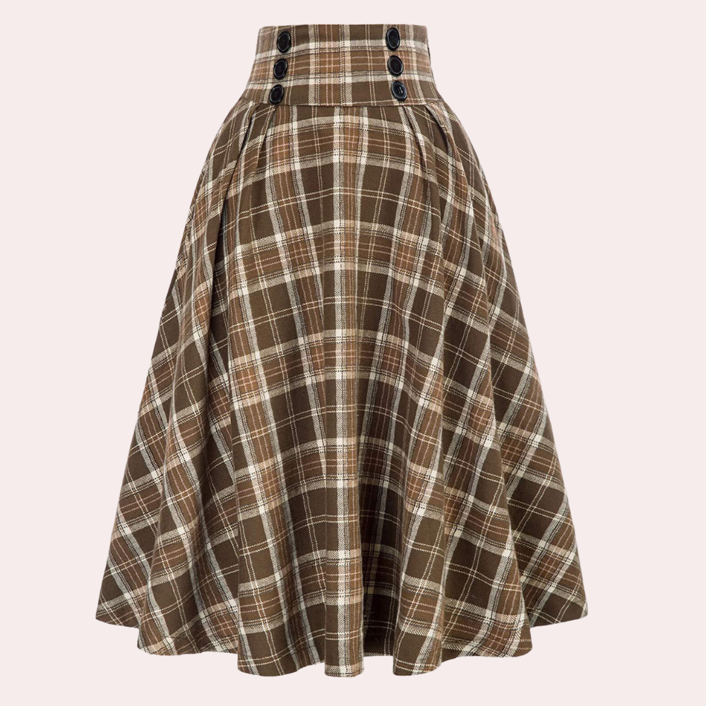 Chic women's tartan A-line skirt with a high-waist design and stylish button detail. Versatile for office or casual.