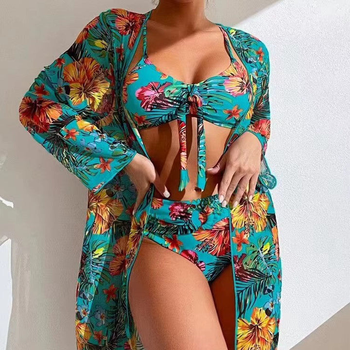 Printed high waist bikini and flowy cover-up; perfect women's swimwear for summer vacations.