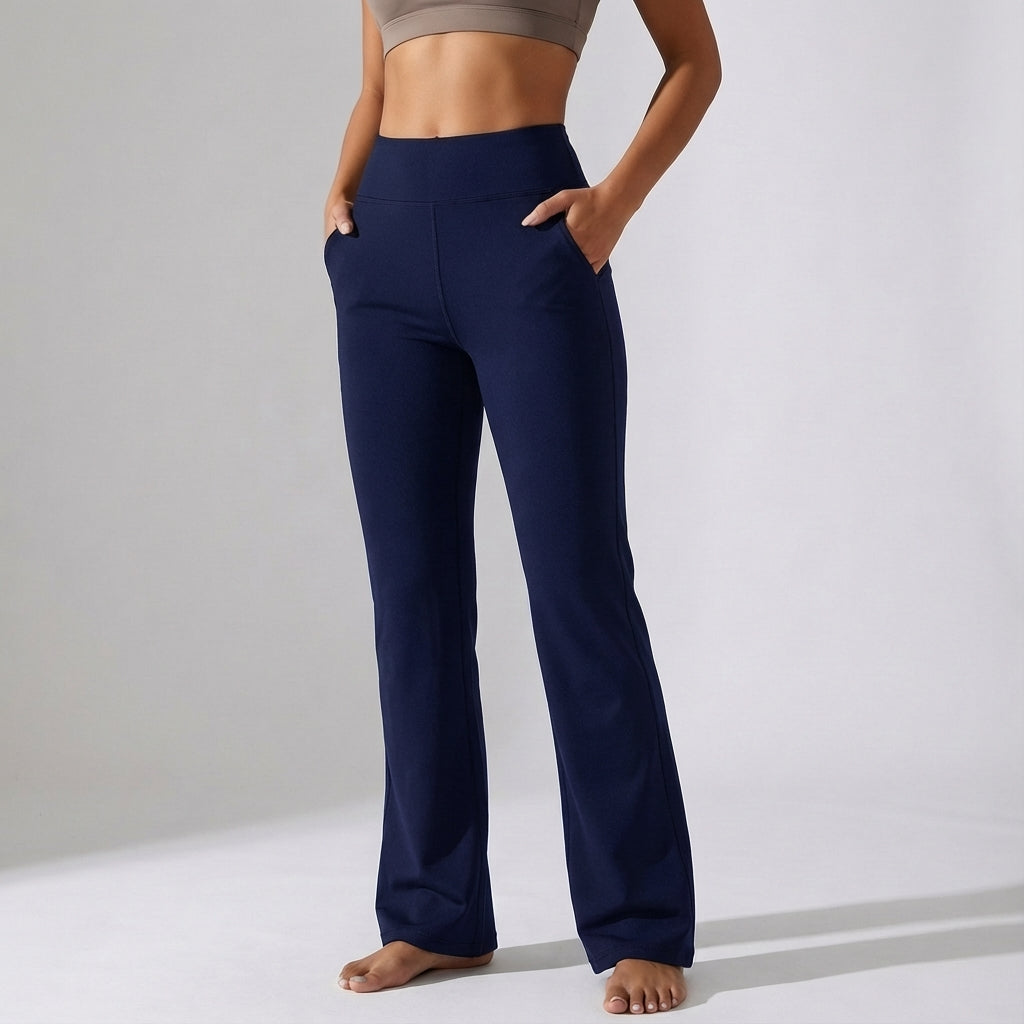 Flared yoga pants for women, offering stretch fabric comfort and a high-waisted fit