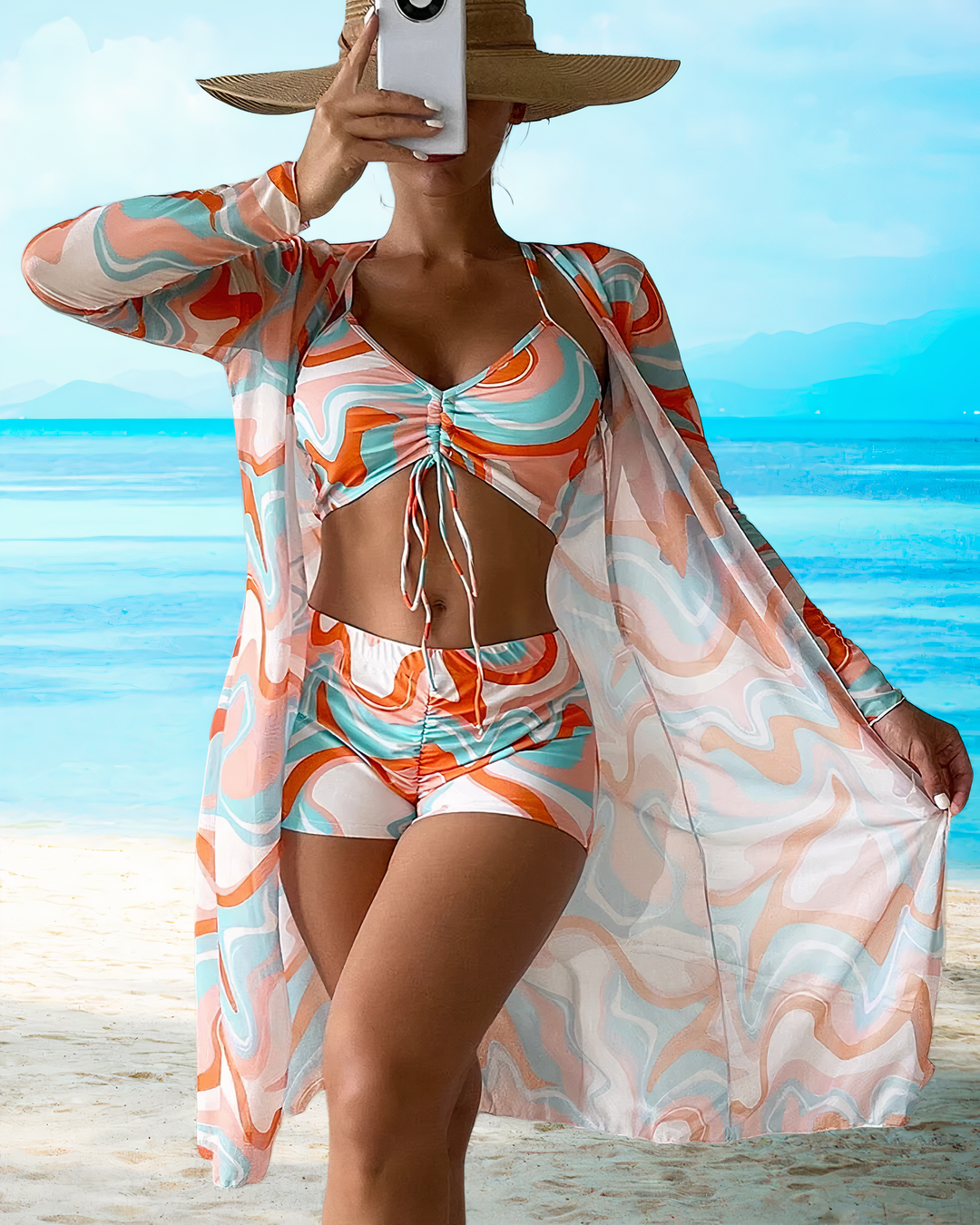 Women's high waist three-piece bikini set with stylish cover-up, perfect for beachwear and summer vacations.
