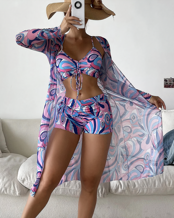 Close-up of the women's high waist three-piece bikini set fabric and design, a trendy summer beachwear.