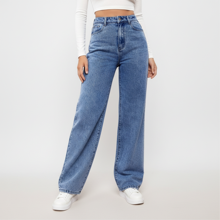 Casual women's high-waisted denim jeans, Anna style, featuring a wide leg