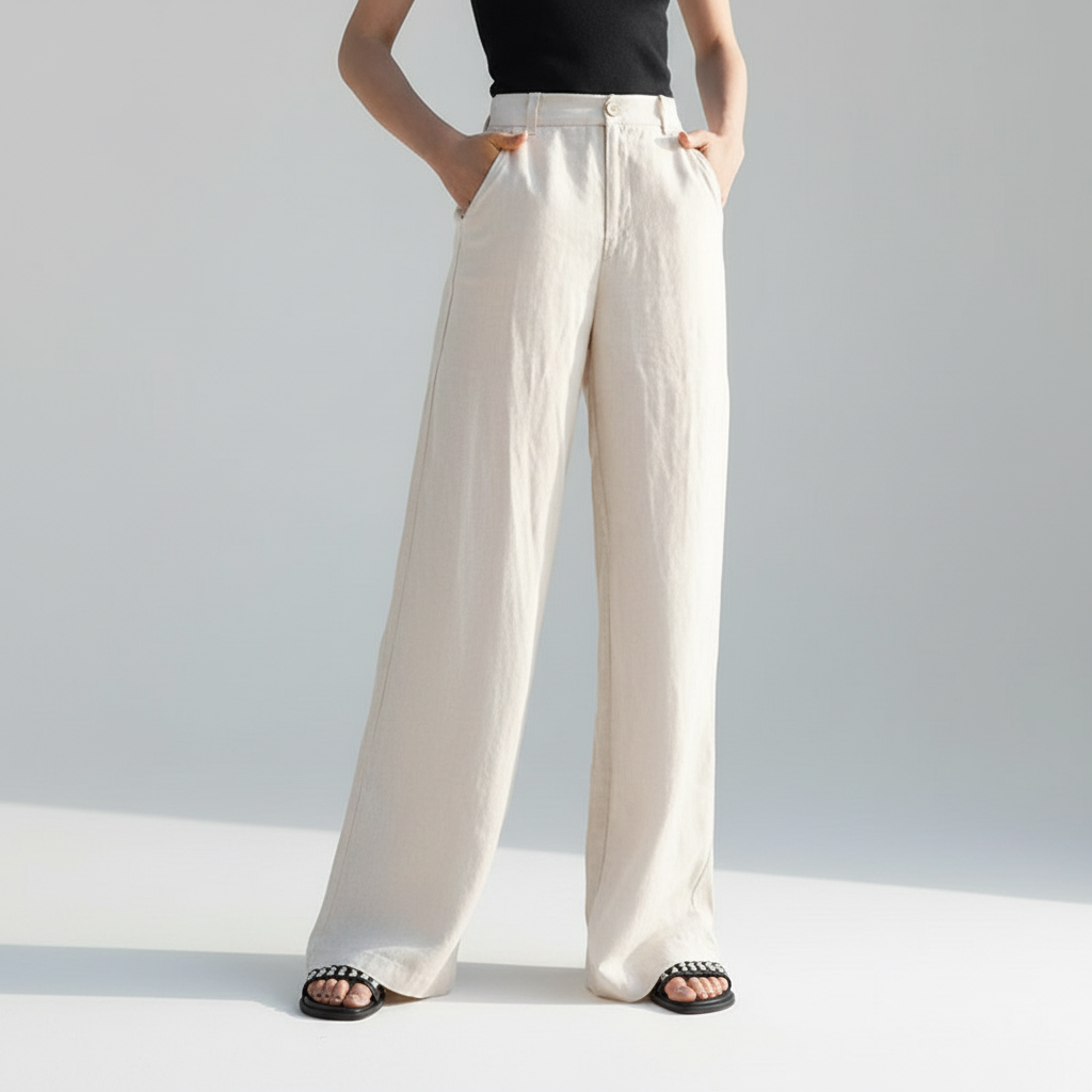 Close-up of the fabric texture on women's wide-leg high-waisted linen trousers, ideal for officewear.
