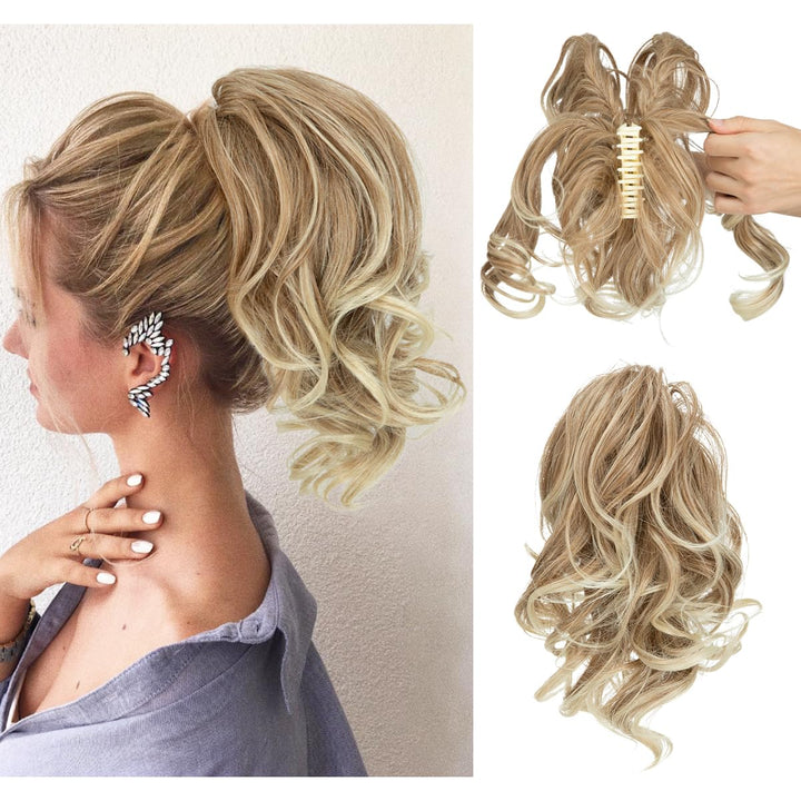 Brown heat-resistant curly ponytail extension, offers instant volume & versatile styling.
