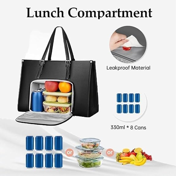 Waterproof women's lunch bag and laptop tote, a versatile work bag, black color
