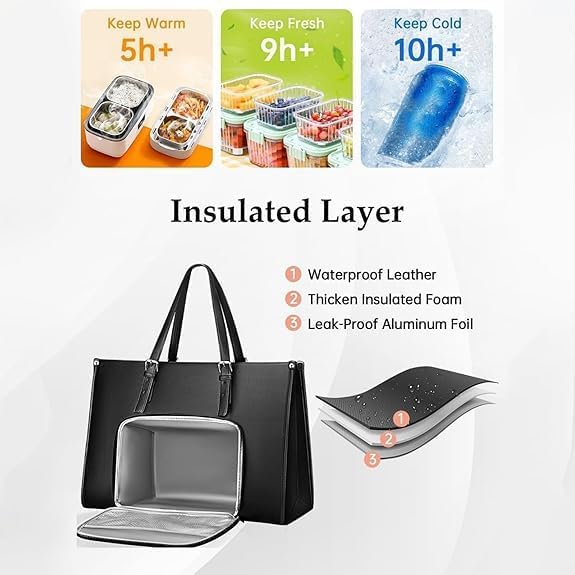 Elegant women's insulated lunch and laptop tote, a practical and chic office accessory for modern women.