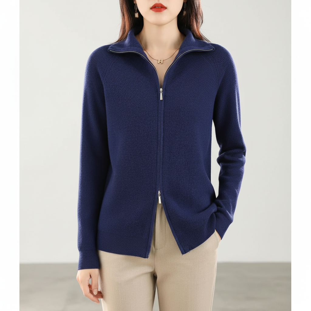Durable women's knit wool blend vest, double zipper front, ensuring warmth and style for cold weather.