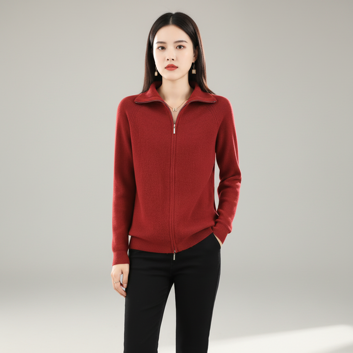 Warm women's knit wool blend vest with versatile double zipper, a key piece for winter fashion.