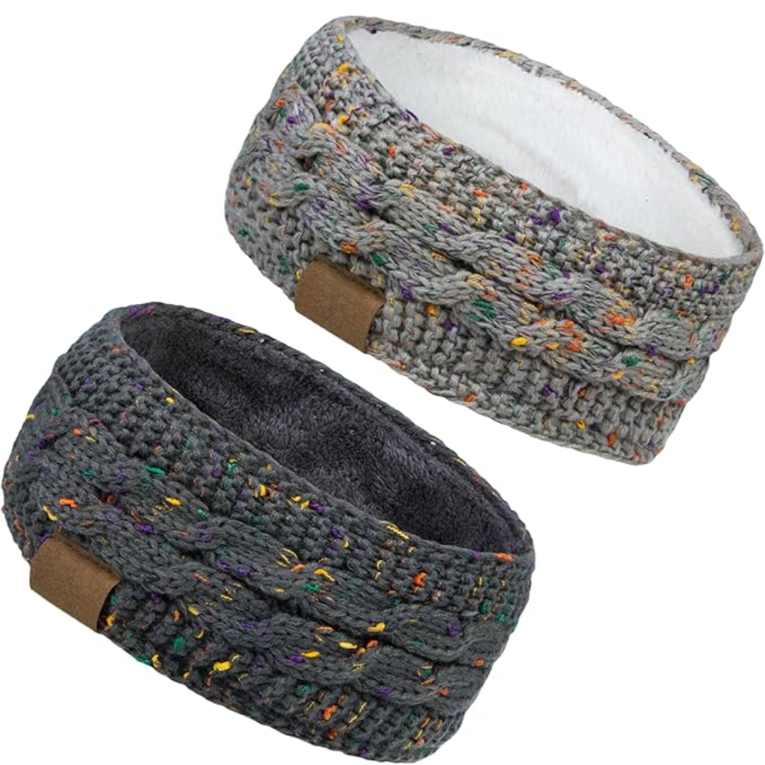 Women's knitted fleece-lined ear warmer headband in gray, soft winter accessory.
