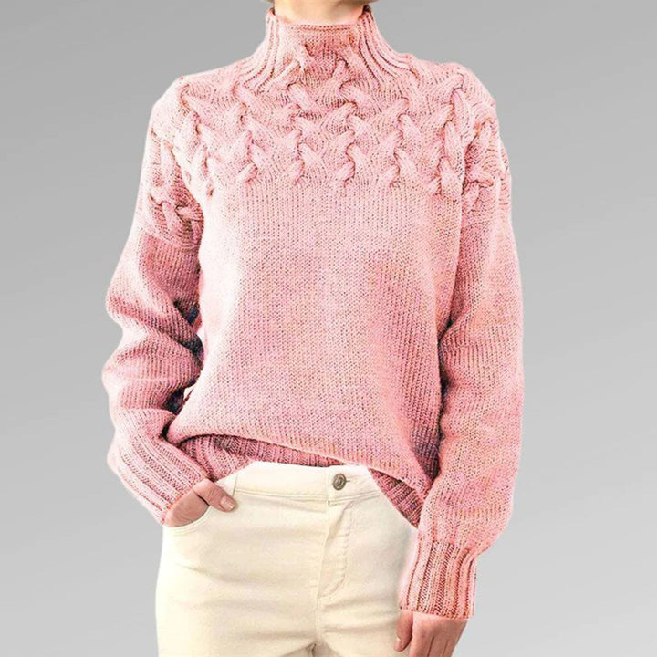 Cozy women's knitted turtleneck sweater, ideal comfort wear for fall & winter; elegant ladies' top.