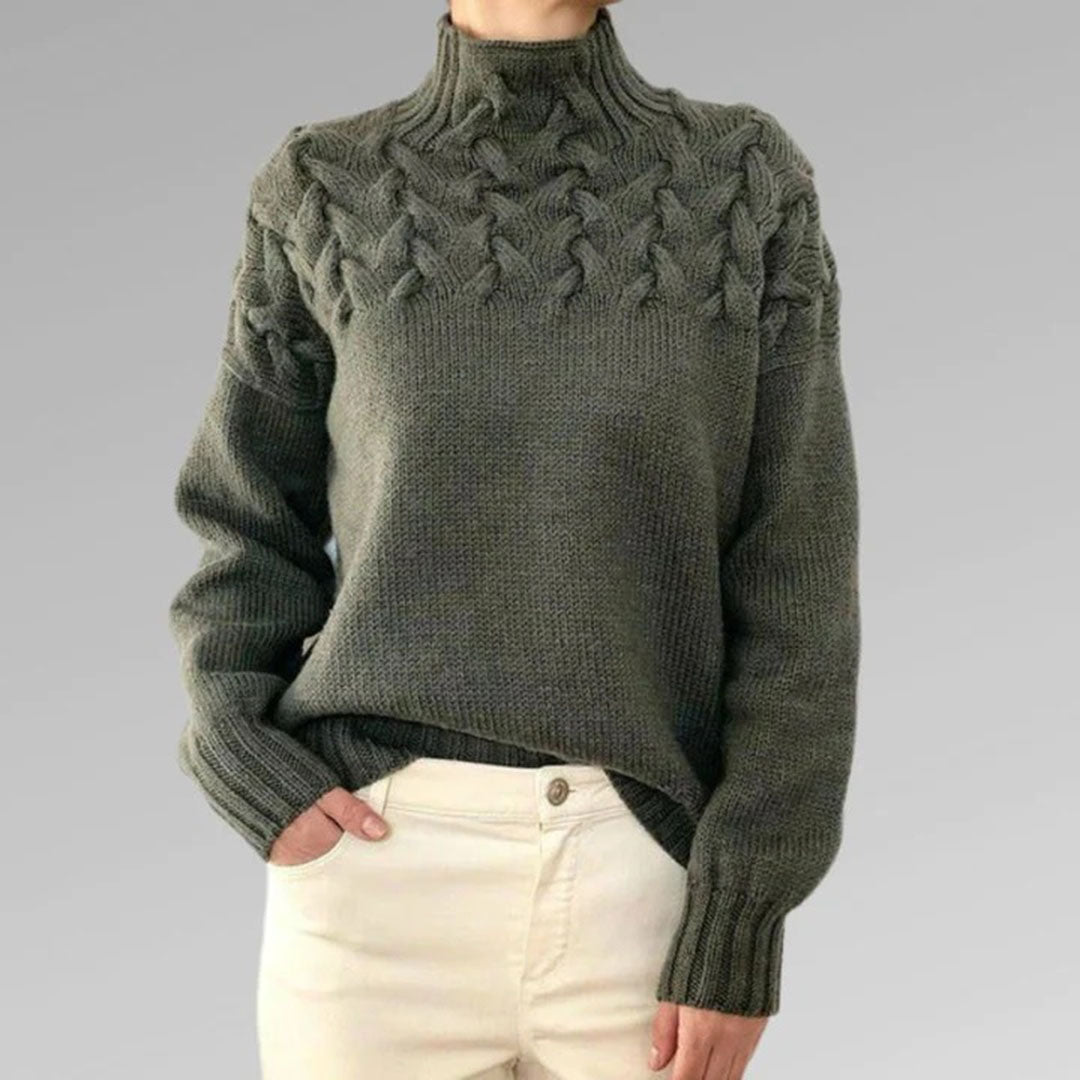 Warm women's knitted turtleneck sweater, cozy fall and winter fashion, comfort wear ladies' top.