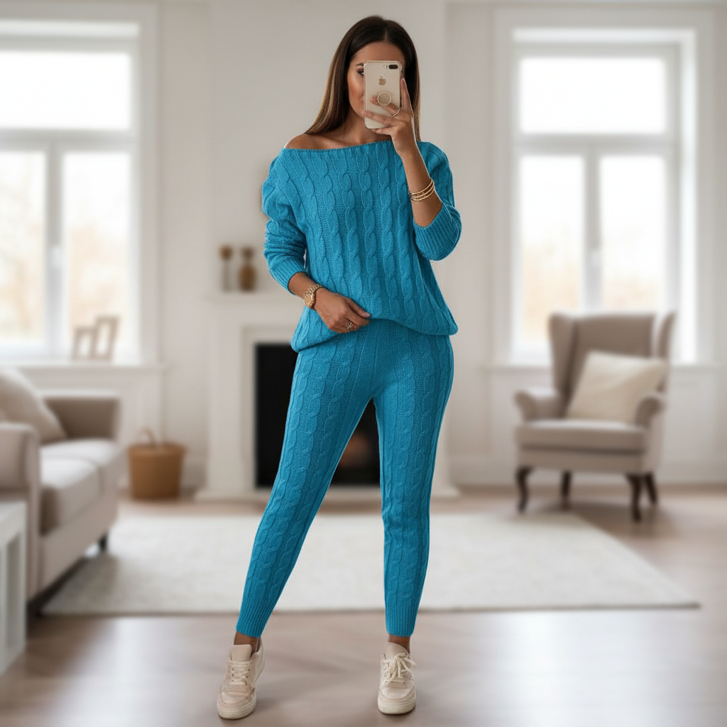 Women's knitted two-piece tracksuit set, cozy loungewear for autumn, comfortwear