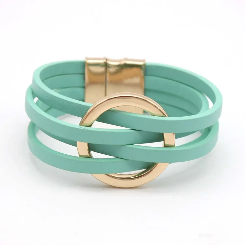 Boho chic multi-strand leather wrap bracelet for women with silver accents. Adjustable everyday wear.
