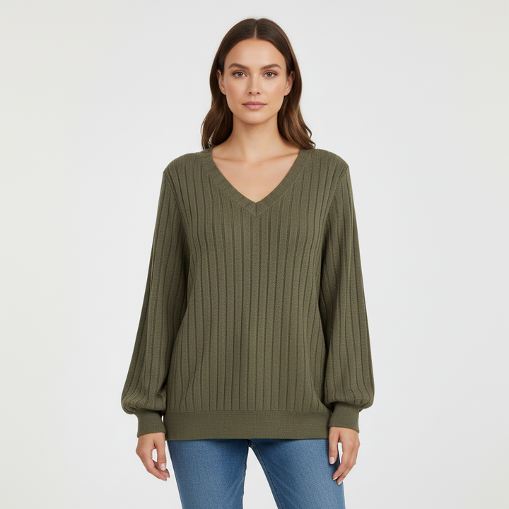 Close-up of the soft texture on the 'Liane' women's knit V-neck long-sleeved casual jumper.