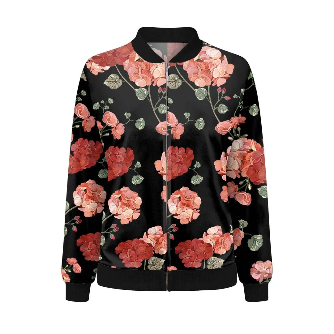Women's lightweight floral print summer jacket. Stylish and casual outerwear for spring fashion. Zip closure.
