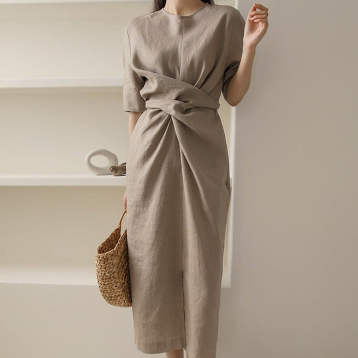 Women's lightweight khaki summer midi dress with adjustable waist, perfect for casual wear.