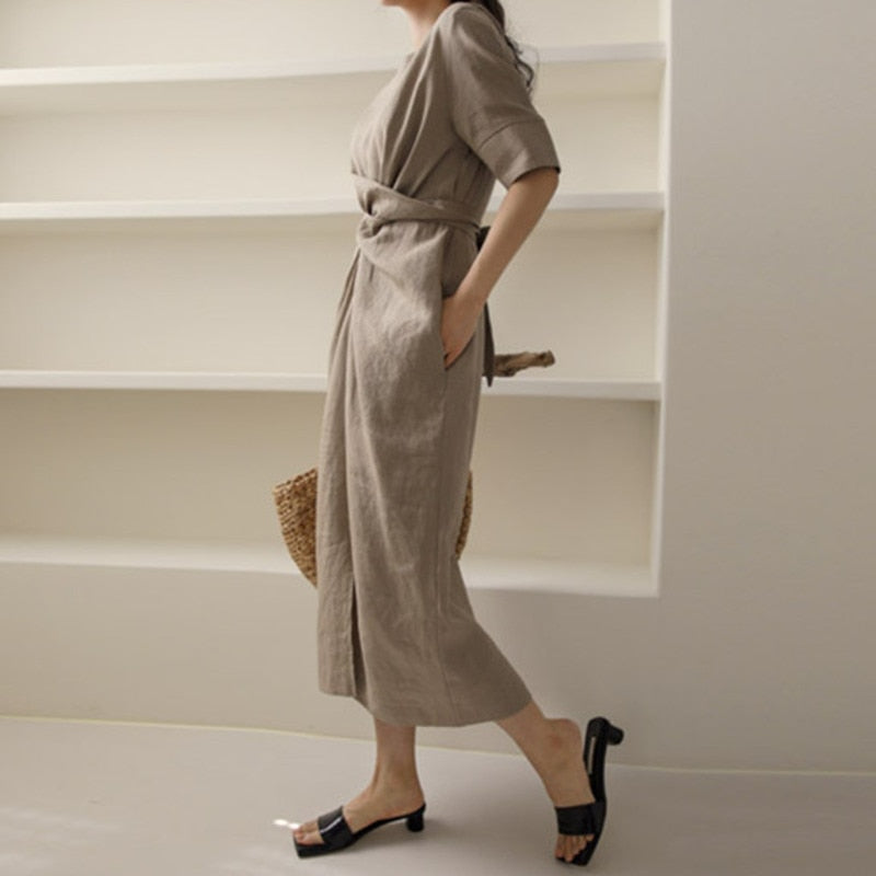 Casual khaki midi summer dress for women, lightweight and breezy, ideal for vacation or daily wear.