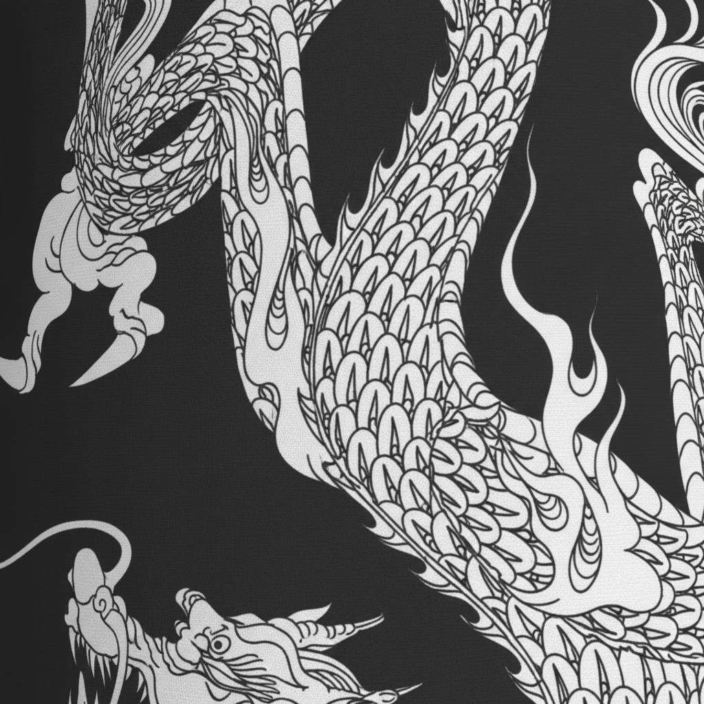 Close-up of a women's lightweight robe featuring a bold dragon print pattern