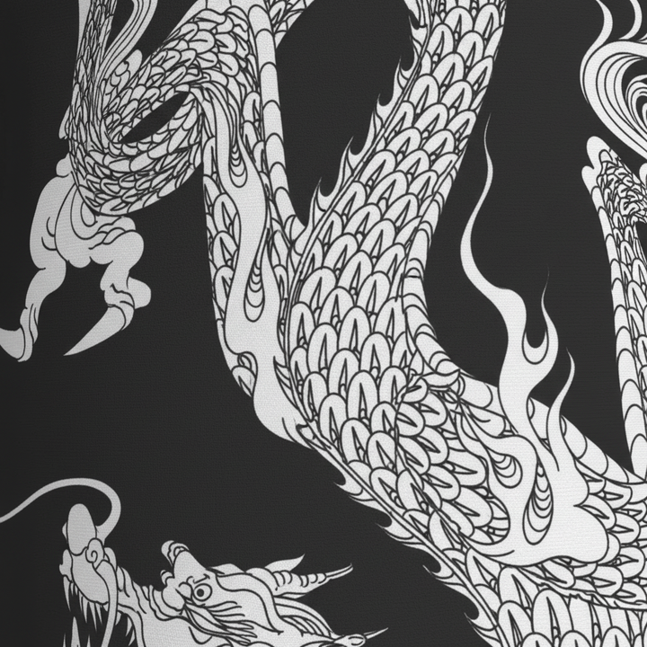 Close-up of a women's lightweight robe featuring a bold dragon print pattern