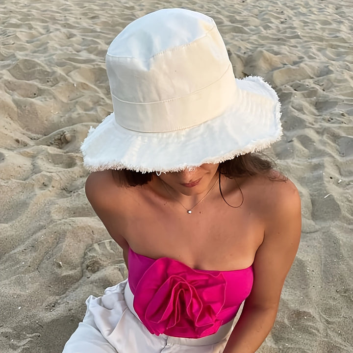Khaki women's breathable bucket hat with adjustable drawstring, perfect for beach & travel. Offers sun protection.