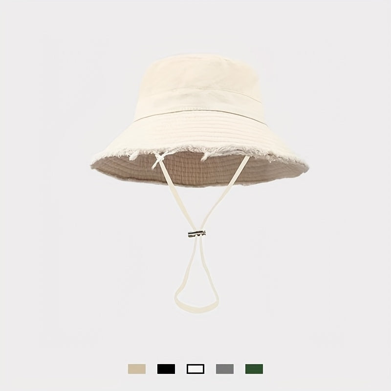 Black women's adjustable summer bucket hat with drawstring, lightweight & breathable for travel & sun protection.