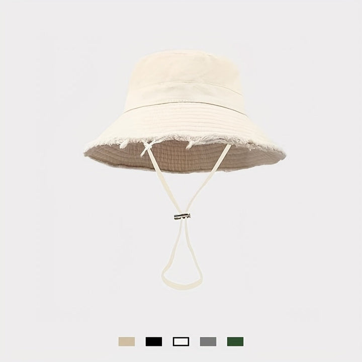 Black women's adjustable summer bucket hat with drawstring, lightweight & breathable for travel & sun protection.