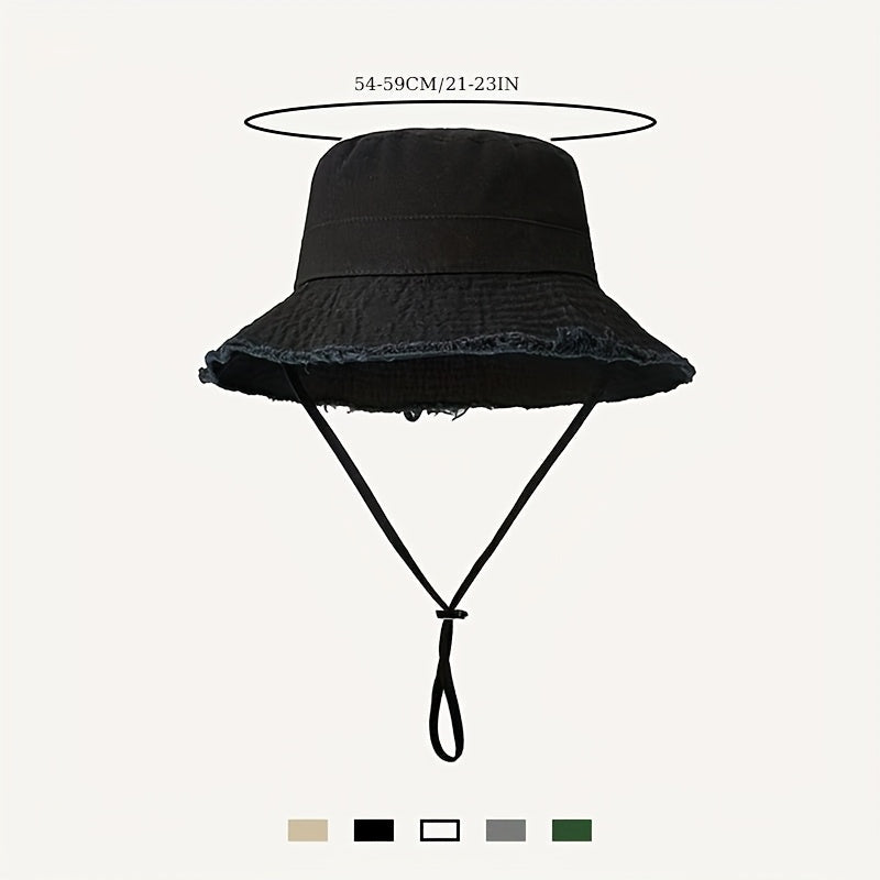 Lightweight, foldable women's bucket hat with drawstring, excellent for travel & sun protection. Breathable fabric.