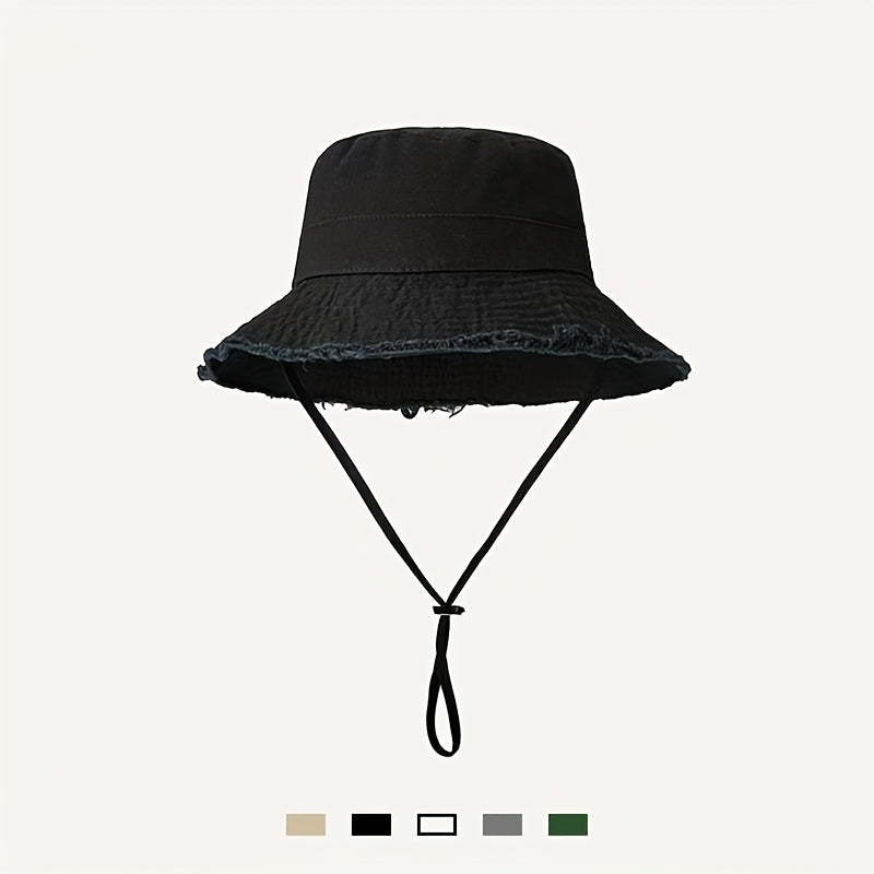 Green women's summer bucket hat with drawstring, provides adjustable sun protection for outdoor activities.