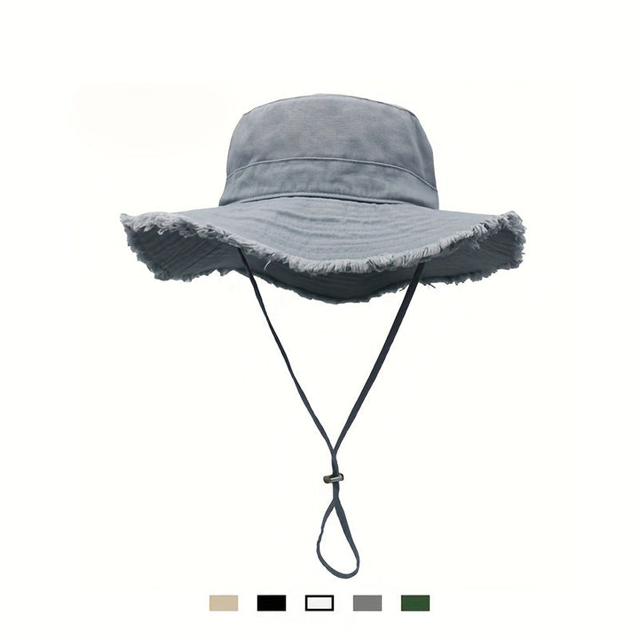 Gray women's breathable bucket hat, adjustable drawstring, perfect for summer beach & sun protection. Lightweight.