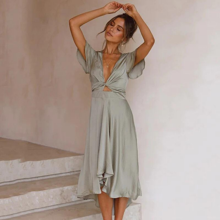 Elegant Lina V-neck midi dress for women, a comfortable and fashionable summer garment.