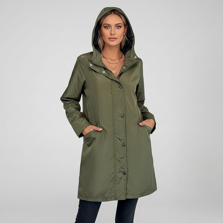 Fall clothing: Women's long autumn jacket, windproof and chic, with a sophisticated high collar
