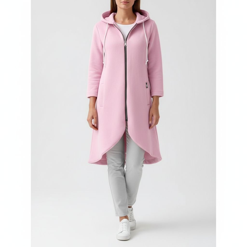 Women's long vest with hood, made from a soft cotton blend, suitable for all-day casual wear