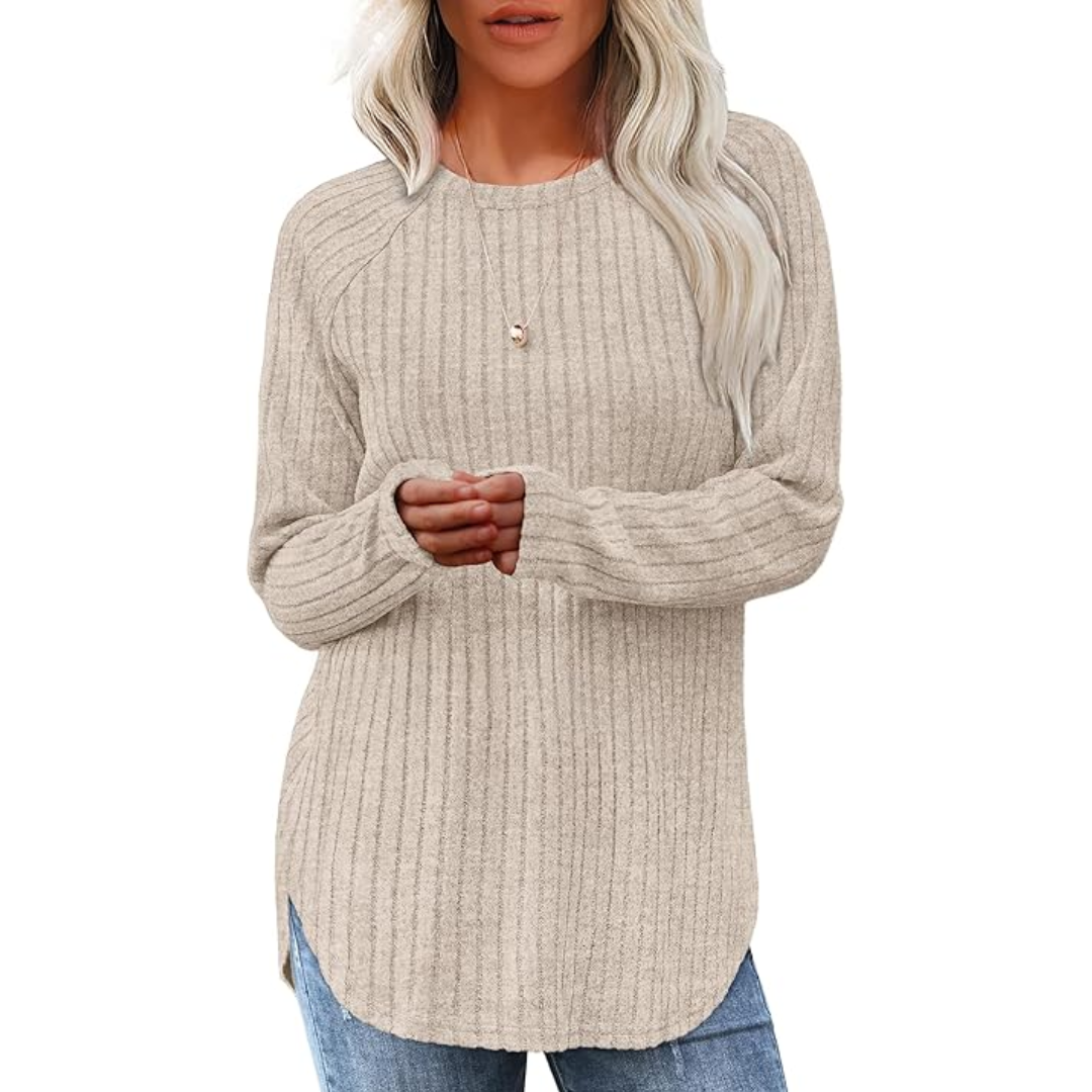 Detail of the crew neck collar on a women's long sleeve sweater tunic, comfortable fit