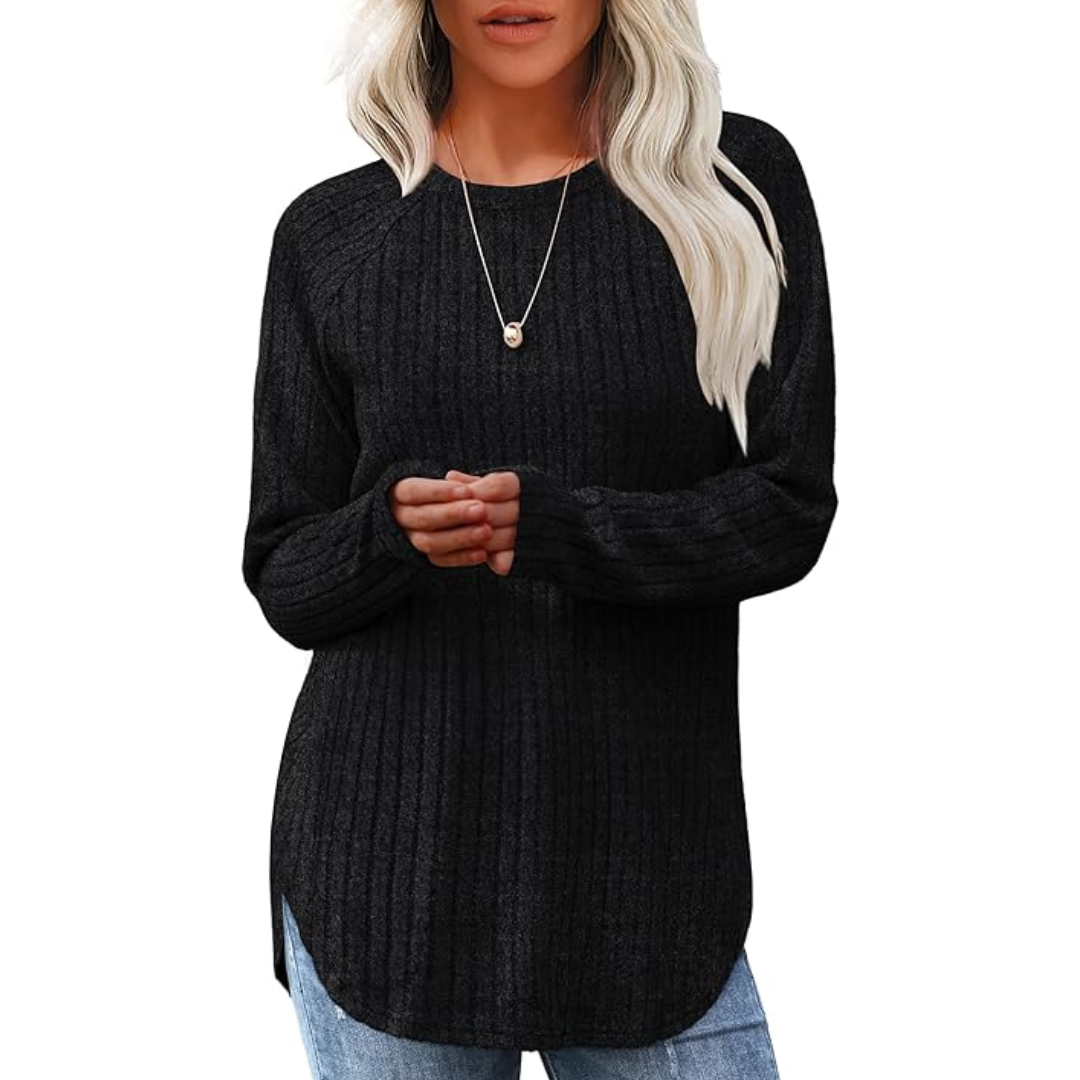 Back view of a women's Barbara loose fit crew neck long sleeve sweater tunic