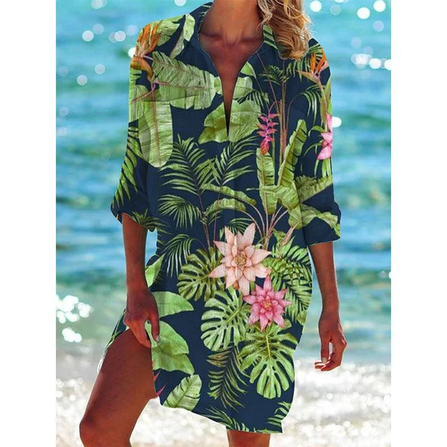 Casual women's cotton blend blouse featuring vibrant floral print, ideal for vacation outfits