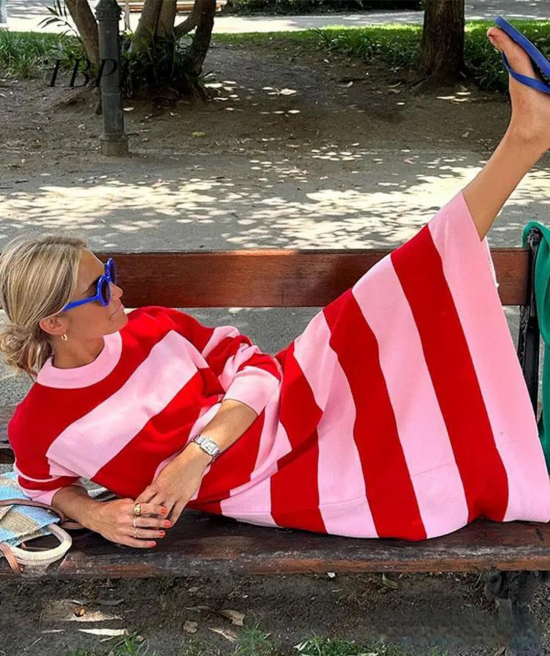 Women's loose fit striped summer midi dress, perfect for a comfortable, flowy, and relaxed vacation style.