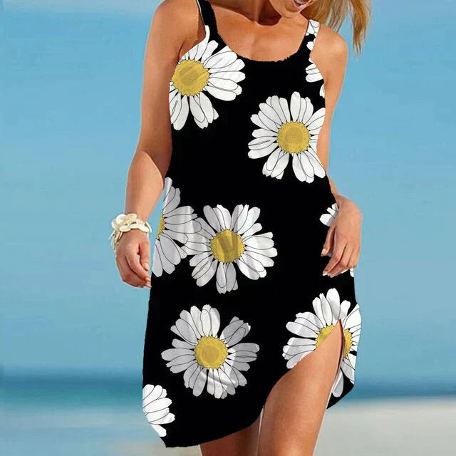 Flowy women's summer dress featuring a vibrant floral print, perfect for beach or casual wear
