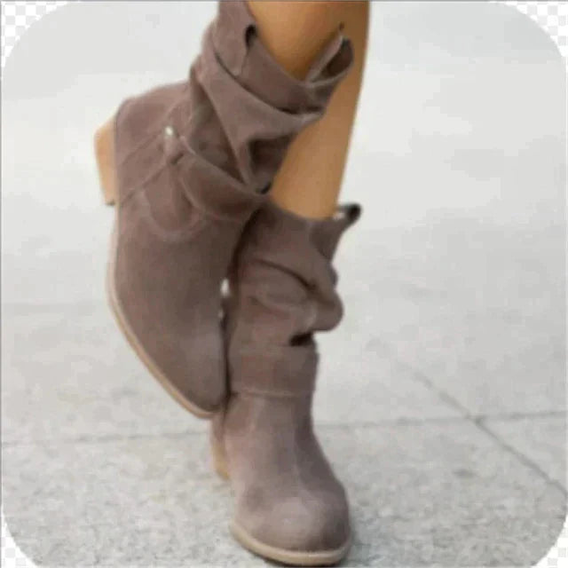 Cozy women's low heel winter boots with a round toe, essential for fall and winter style.