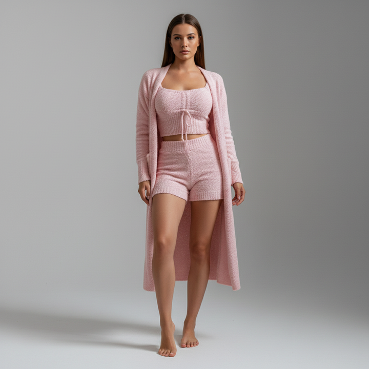 Women's three-piece loungewear set, Lucia style, including top, bottoms, and cardigan, comfortable fit