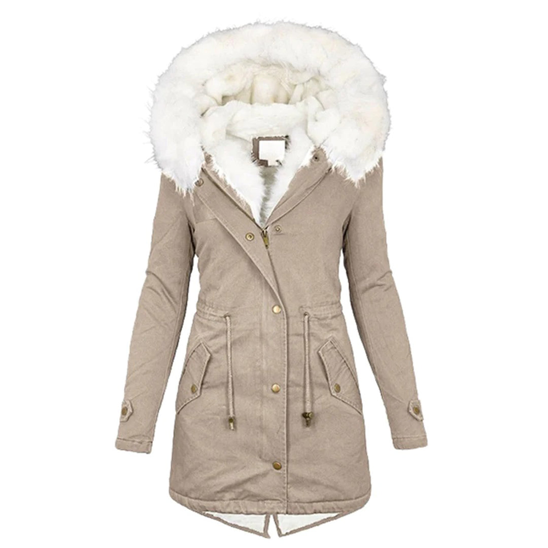 Women's luxe warm winter coat, elegant and insulated for ultimate cold weather comfort and style.