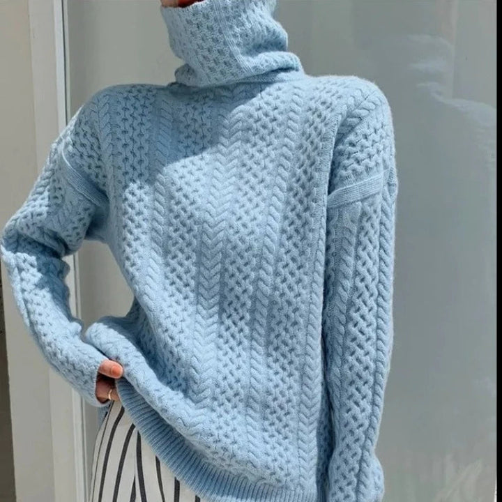 Cozy women's long sleeve checkered turtleneck sweater, perfect for stylish layering or office wear.