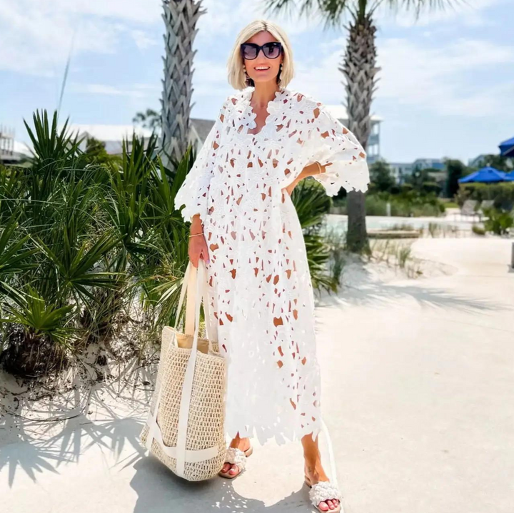 Women's Maribel flowy summer maxi dress, perfect for beach vacations and elegant casual wear.