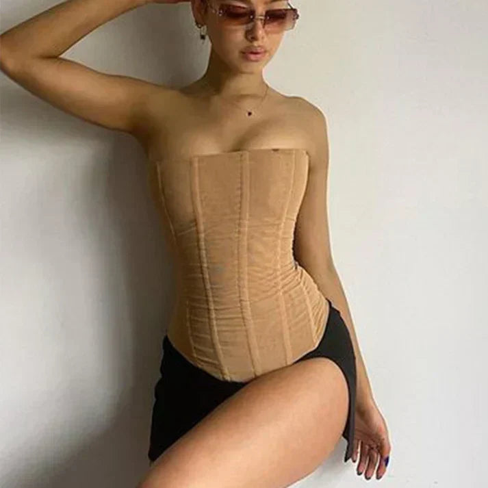 Stylish women's mesh slimming corset top, a fitted sleeveless design for flattering summer fashion.